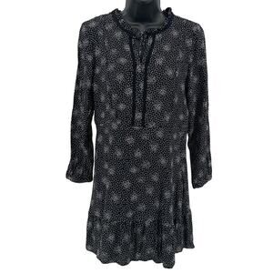 LOFT Short Dress WMNS 6P Shift Black White Dotted Floral Ruffle Hem Tie Neck